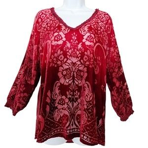 Sundance Velvet Burnout Sentimental Mood Silk Blend L/S Top Burgundy Ombre Sz Sm